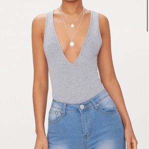 Grey Plunging V neck Bodysuit PrettyLittleThing